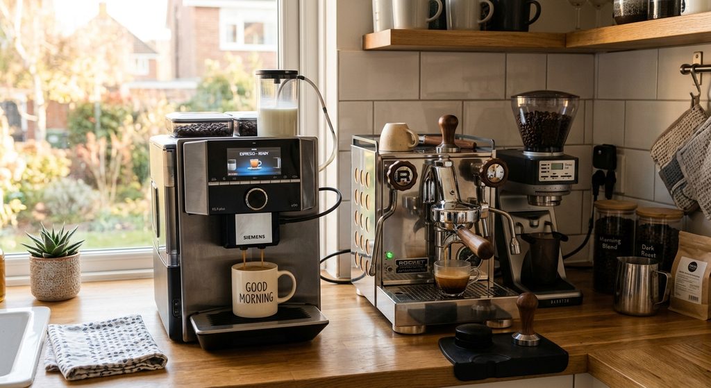Automatic vs manual coffee machine: a bean to cup machine and a manual espresso machine side by side
