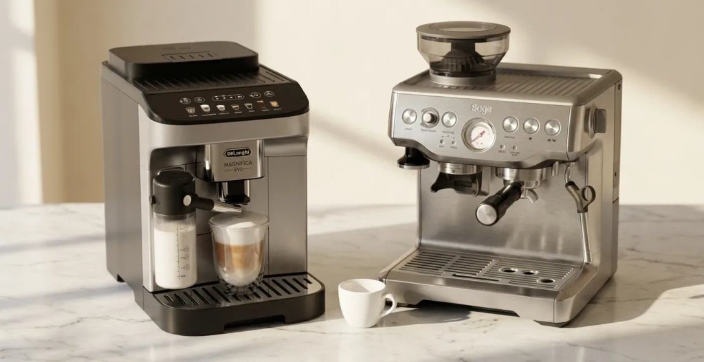 Capsule and bean-to-cup coffee machines compared side by side in a modern kitchen.