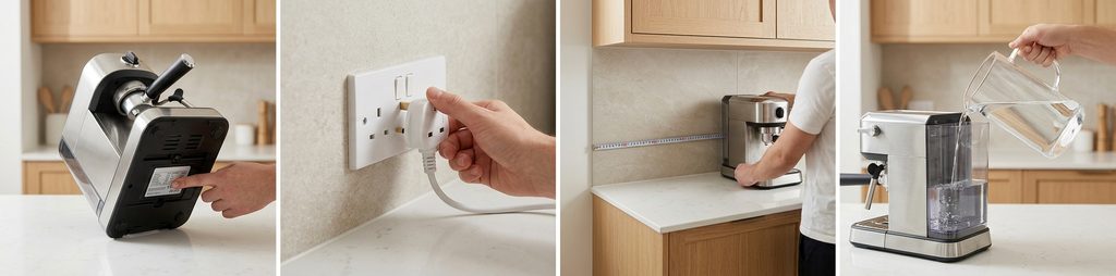 Four practical coffee machine checks: voltage, plug type, available space and water requirements.