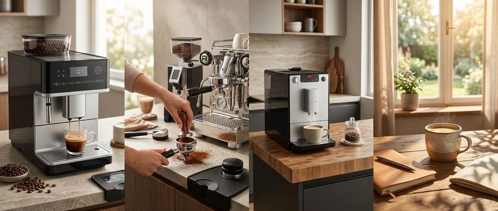 Four-scene landscape showing a bean-to-cup machine brewing coffee, manual espresso preparation, a compact coffee machine and a slow morning coffee ritual.