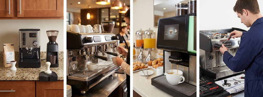 Four espresso and coffee machine scenes showing home, commercial, hotel, and servicing environments.