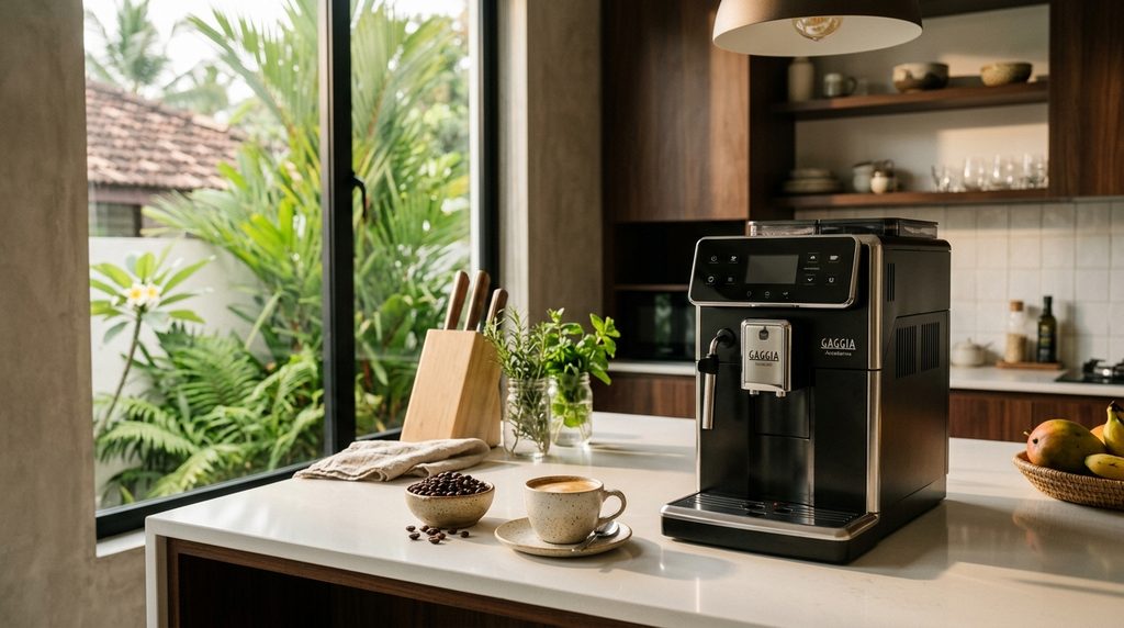 Gaggia coffee machine with a freshly prepared coffee in a modern Sri Lankan kitchen.
