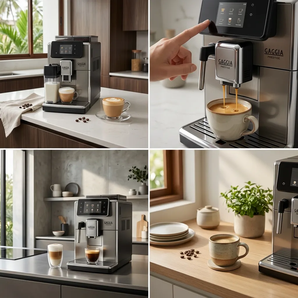 Four-panel gallery showing Gaggia Magenta Prestige and Accademia coffee machines in modern home kitchens and preparing coffee.