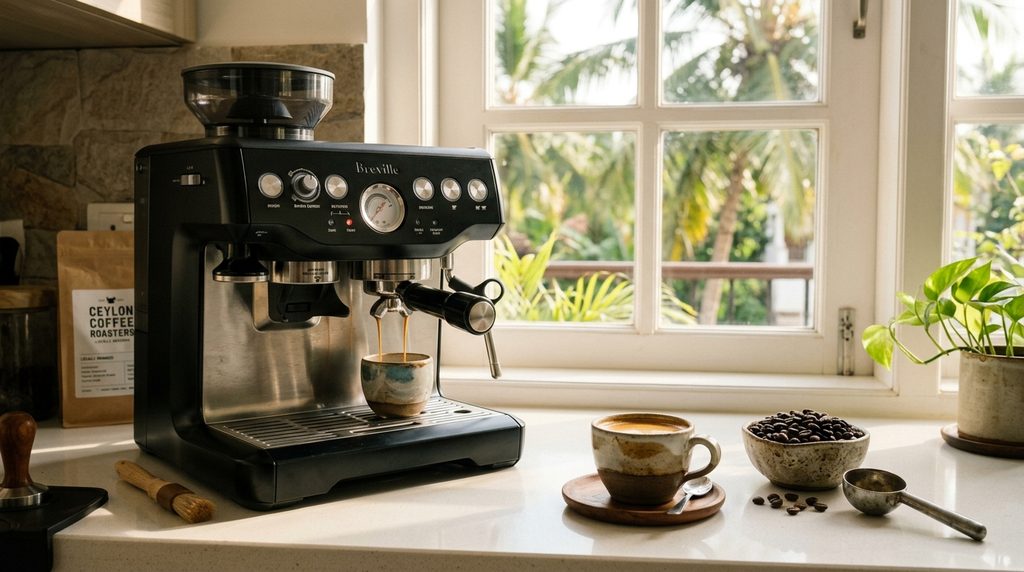 Home coffee machines in Sri Lanka: an espresso machine on a kitchen counter
