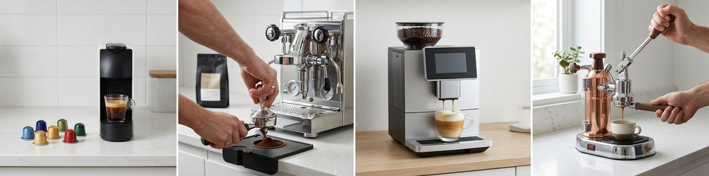 Four types of home coffee machines shown side by side: capsule, semi-automatic espresso, fully automatic bean-to-cup, and manual lever espresso machines.